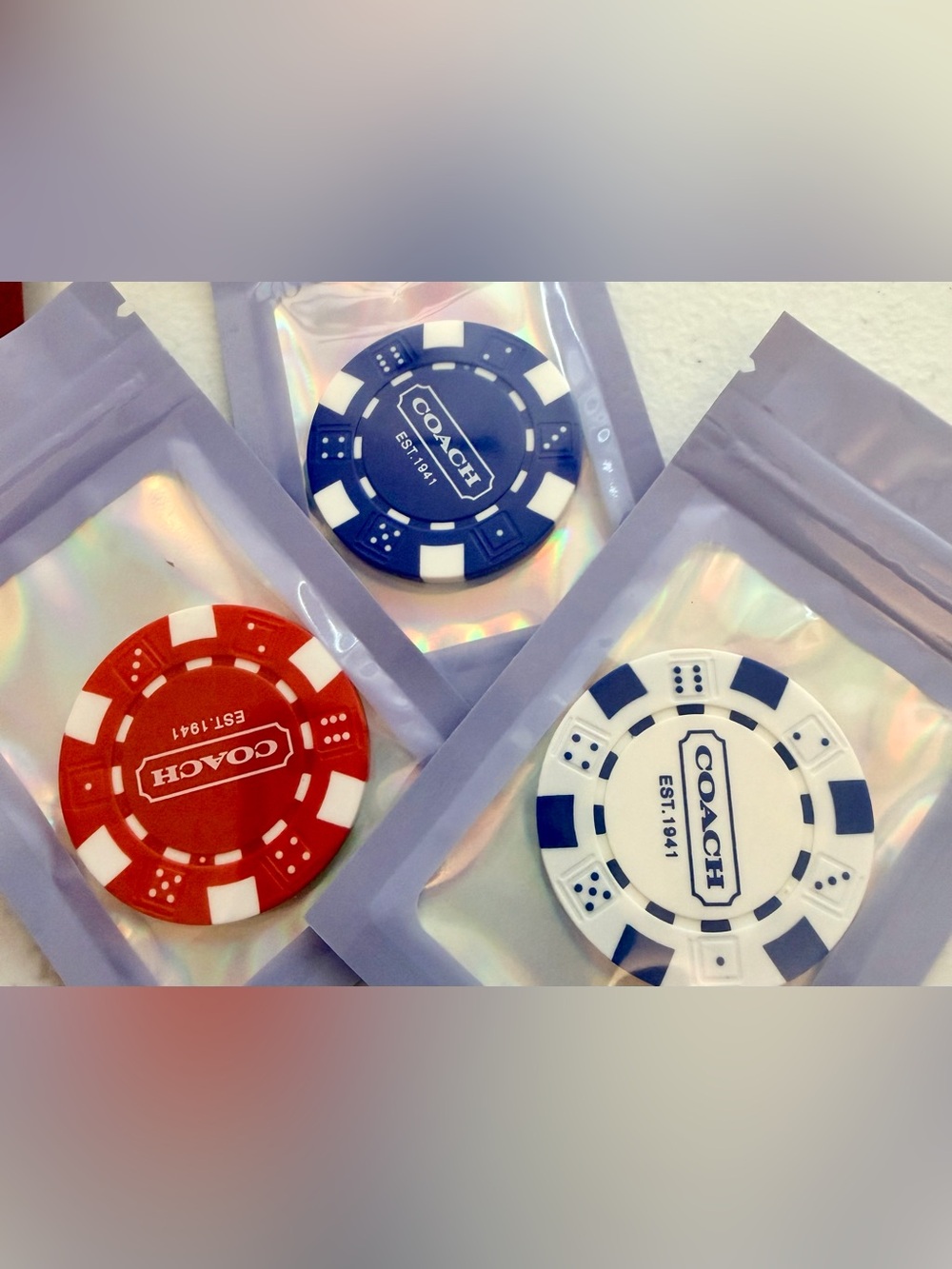 Coach Authentic Collectible Poker Chips Red White Blue and 2 Coach Cards